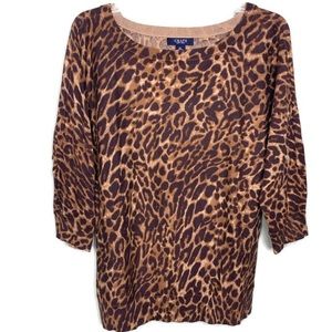 Chaps Leopard Print Lightweight Sweater Brown XL